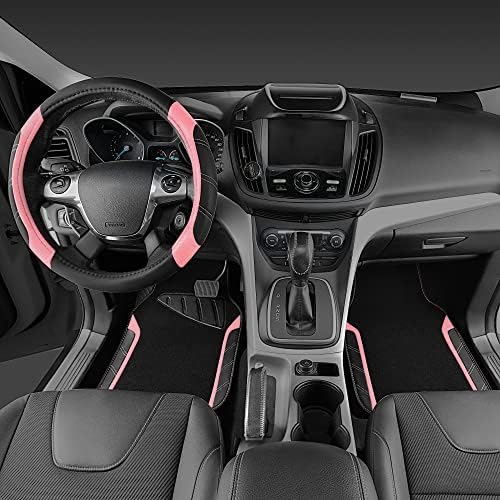 Microfiber Steering Wheel Cover and Waterproof Car Floor Mats,Leather Universal Car Combo Fit for 95% Truck,SUV,Cars,14.5-15inch Sporty Anti-Slip Safety Comfortable Design(Black and Pink)