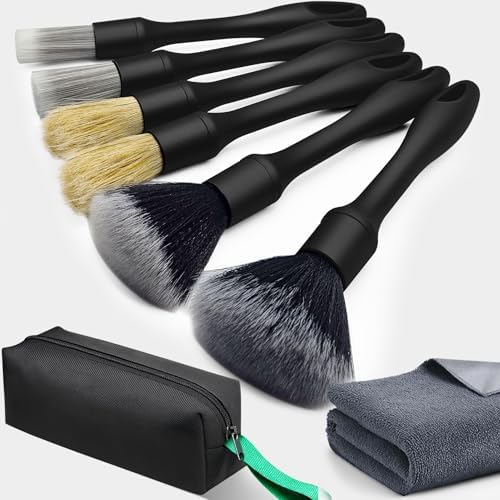 Car Detailing Brush Set - Ultra Soft Boars Hair Car Interior Detailing Brushes【Not Easy to Shed Bristles 】- Automotive Cleaning Brushes Kit w/Storage Bag & Car Drying Towel, Car Dust Brush - 8 Pcs