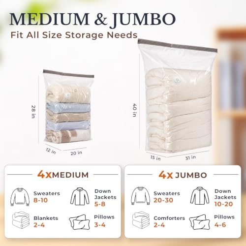 8 Pack Cube Vacuum Storage Bags, Combo(4 Jumbo + 4 Medium), Clear