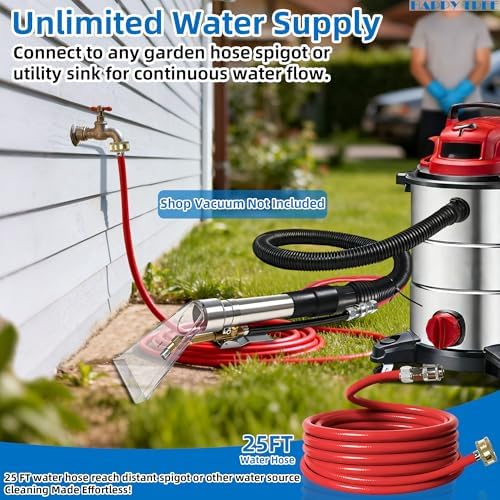 Universal Fit All Brands' Shop Vac Extractor Hose Kit Adapter Wet-Dry Extraction Accessory for Upholstery & Carpet Cleaning Auto Detailing Wet Vaccum Accessories with 25 Feet Water Hose