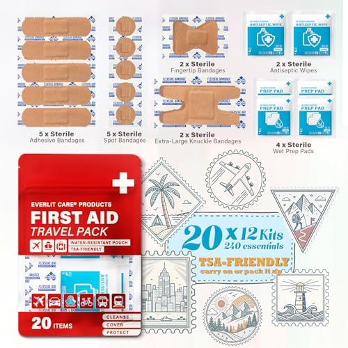 Travel Bandage Pack | 12 Individual Packets, Bulk Portable Mini First Aid Kit with 20 On-the-Go Essentials | Compact Water-Resistant Reusable Pouch to Clean, Cover & Protect