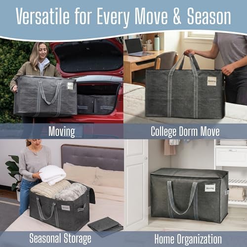4 Pack Heavy Duty Moving Bags, Extra Large Storage Bags with Reinforced Handles & Strong Zippers, Foldable & Reusable Moving Box Alternative for Clothes & Dorm Storage