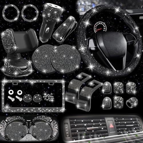 27 PCs Black Bling Car Accessories Set for Women, Steering Wheel Covers Universal Fit 15 Inch, Bling License Plate Frame, Bling Phone Holder, Bling Car Coasters (Black Diamond)
