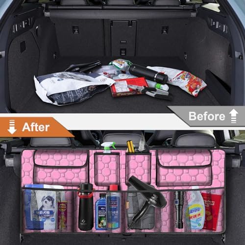 Car Trunk Organizer, Super Capacity Backseat Car Organizer for SUV/Truck/MPV(42"*18"), Hanging Car Storage Organizer with 8 Pocekts, Car Accessories for Women and Men- Pink