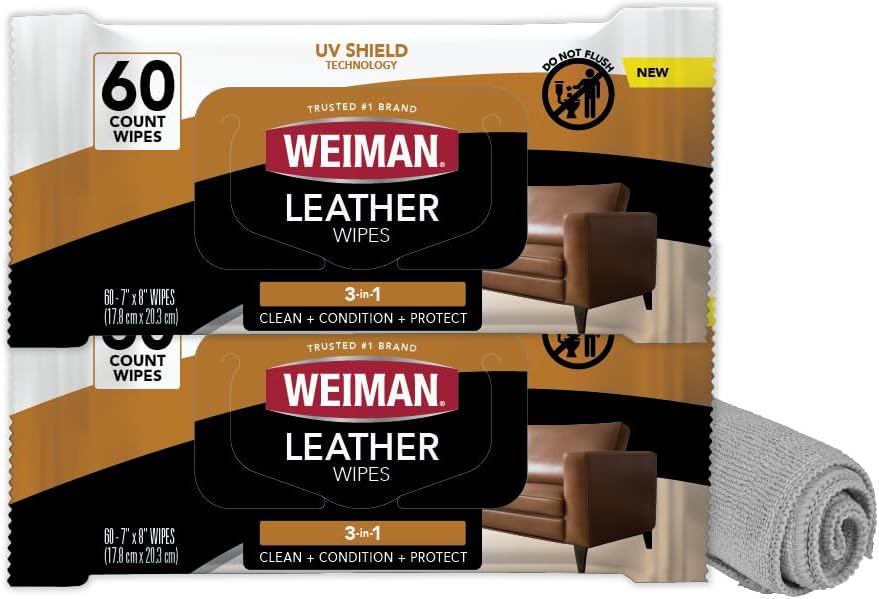 Leather Cleaner and Conditioner Wipes & Microfiber Towel Kit, Clean, Condition and Restores Leather Surfaces, UV Shield Prevent Cracking & Fading of Leather Furniture, Car Seats, Shoes & Purse