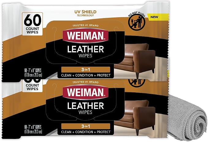 Leather Cleaner and Conditioner Wipes & Microfiber Towel Kit, Clean, Condition and Restores Leather Surfaces, UV Shield Prevent Cracking & Fading of Leather Furniture, Car Seats, Shoes & Purse