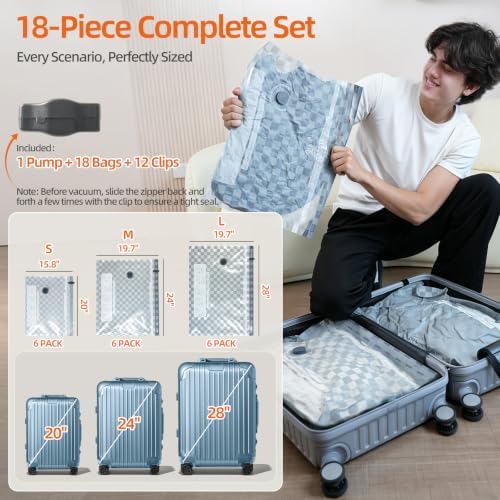 Travel Vacuum Bags with Rechargeable Pump,18 PCS Carry on Space Saver Bags