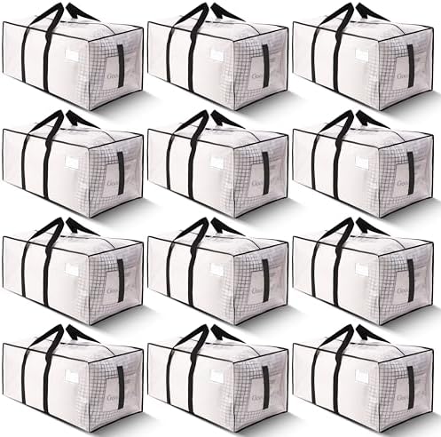 Supports 200lbs Heavy Duty Moving Bags - Strong Zipper & Wrap-Around Handles - Water-Resistant Storage Totes, Durable Alternative to Moving Boxes - 12 Pack - Semi-Transparent