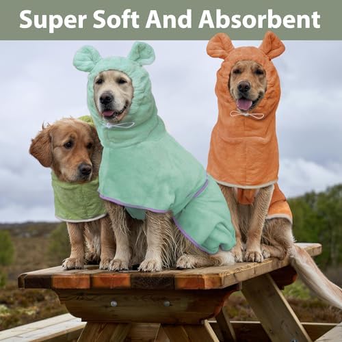Dog Bathrobe Super Absorbent Towel Robe - Microfiber Bath Towels Fast Drying Coat for Dogs, Cute Dogs Clothes Adjustable Collar & Belly Strap Warm Keeping Hooded Dog Towel (Olive Green, XX-Large)