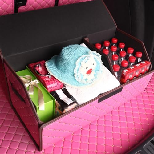 Car organizers and storage for SUV,trunk organizer for sedan, leather foldable sleek box with lid,collapsible cargo bins, tool accessories containers,Pink women (21.65 inch)