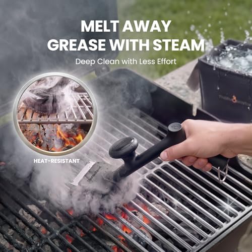 Bristle-Free BBQ Grill Brush - No Wire Risk Steam Cleaner Removes Burnt Grease Fast - 17" Cool-Touch Handle, Scraper & 3 Replaceable Heads for Gas, Charcoal & Cast Iron