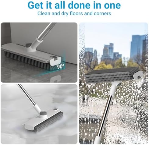 3 in 1 Floor Scrub Brush with 52" Long Handle, Heavy-Duty Stiff 90° Bristle Floor Scrubber, Shower Scrubber with Squeeze, Cleaning Brush for Bathroom Pool Garage Glass Tile Concrete White