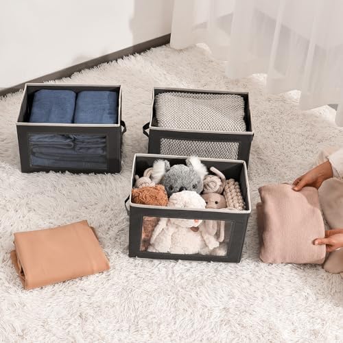 Storage Bins with Lids - Fabric Storage Boxes with Window, Collapsible Closet Organizers with Handles, 3 Pack Decorative Bin, Home Cubes Baskets for Clothes, Hat, Books, Dark Grey