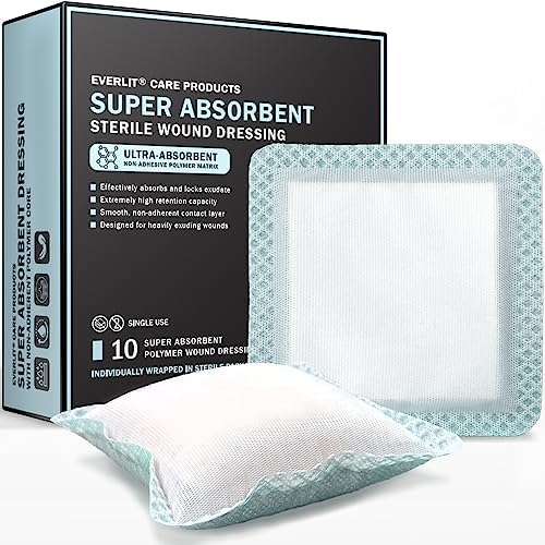 Super Absorbent Dressing for Wound Care | Nonstick Soft Surgical Gauze Pad for Heavily Exuding Wounds | Large Sterile Non-Adhesive Bandage for Fast Healing Wound Care | Pack of 10 (4" x 4")