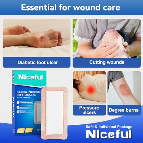 Silicone Super Absorbent Wound Dressing - 4"×8" Large Absorbant Bandages with Adhesive Borders, FSA HSA Eligible, Wound Care Dressings for Bed Sores Leg Ulcers