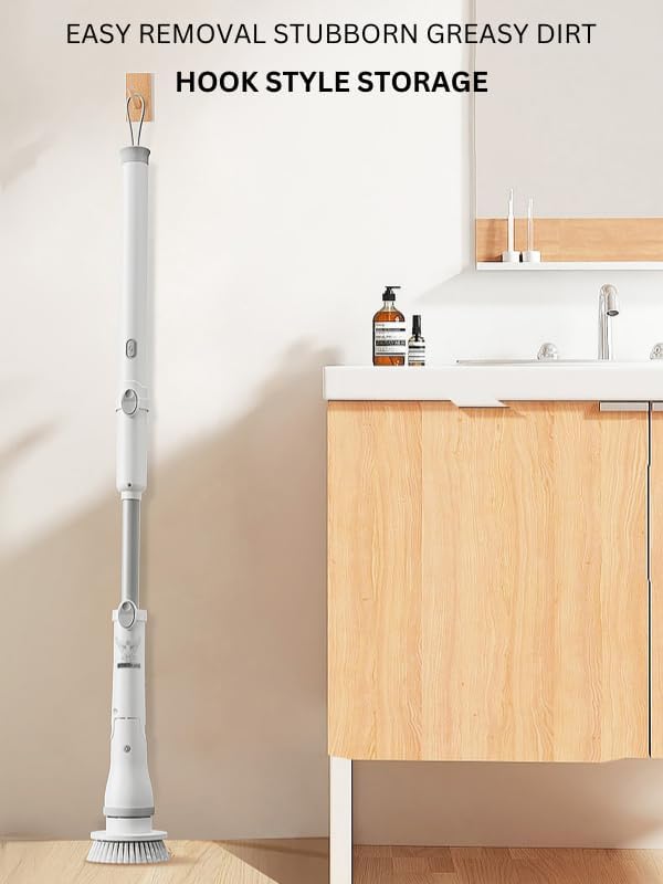 Electric Spin Scrubber - Cordless Cleaning Head with 6 Replaceable Brushes - 90° Rotatable - Ideal for Floor, Window, Cars - Ivory White