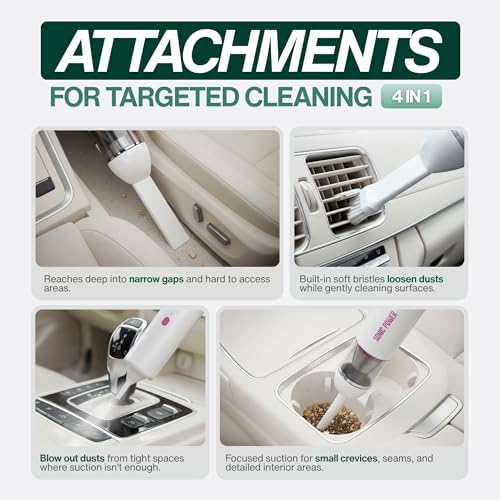 Portable Cordless Car Vacuum, 15000Pa High Suction Handheld Vacuum Cleaner, 2-in-1 Vacuum & Blower, with 4 Attachments & Portable Storage Bag for Car, Home, Pet & Office (White & Pink)