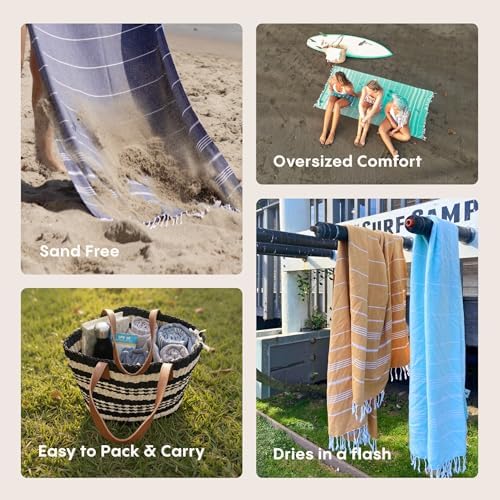 Turkish Beach Towel Oversized (38"x71") 100% Turkish Cotton, Made in Turkey - Sand Free, Extra Large, Ultra Soft, Quick Drying, Compact & Lightweight for Travel - Beige