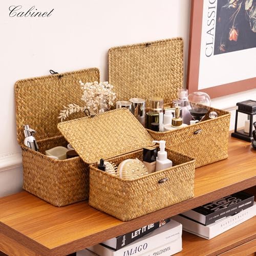 Wicker Storage Basket with Lid,Seagrass Shelf Basket Set of 3,Natural