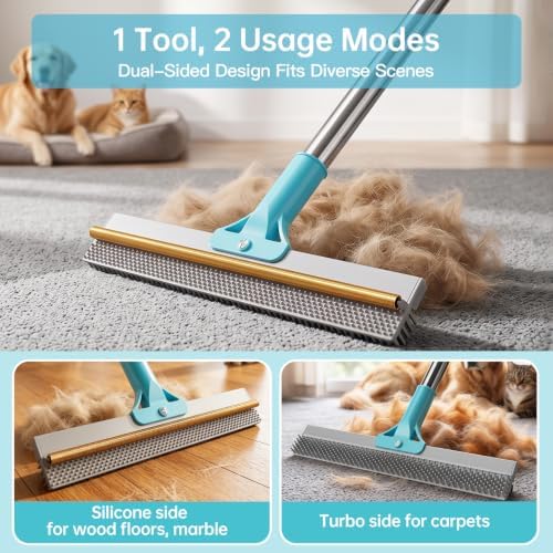 4 in 1 Carpet Rake for Pet Hair Removal, Pet Hair Remover Tool with Metal Scraper & Silicone Brush,54'' Adjustable Handle, 4 PCS Carpet Scraper Set, Dog Cat Hair Remover for Sofa, Couch, Car, Rug