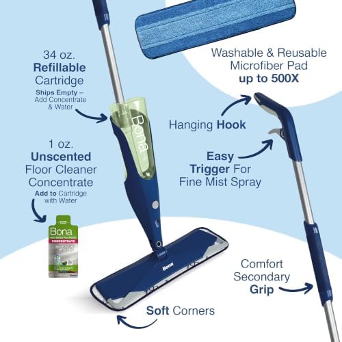 Multi-Surface Floor Premium Spray Mop - Includes Multi-Surface Floor Cleaner Concentrate and Machine Washable Microfiber Cleaning Pad - For Stone, Tile, Laminate and Vinyl LVT/LVP Floors