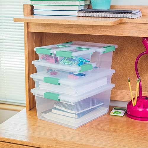 Clip Box, Stackable Small Storage Bin with Latching Lid, Plastic Container to Organize Office, Crafts, Clear Base and Lid, Large, 1-Pack