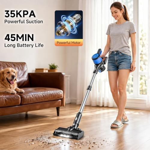 Cordless Vacuum Cleaner for Home - Lightweight, 35Kpas Stick Vacuums Clean with Rechargeable Battery, Max 45Mins Runtime, 8 in 1 Handheld Vacuum for Hardfloor & Carpets Pet Hair, Blue