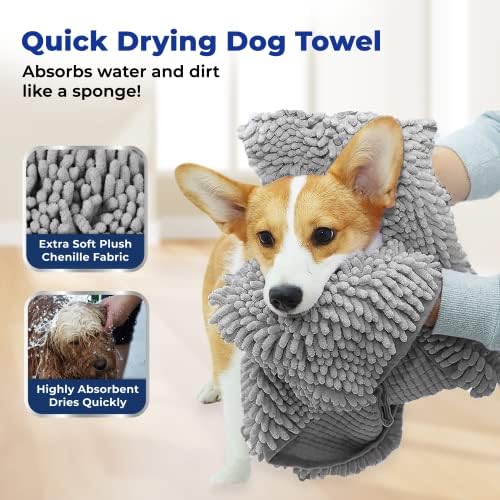 Doggy Dryer, Highly Absorbent Microfiber Washable Dog Shammy Quick Drying Towel Absorber - Extra Soft Plush Wrap Chenille Bath Towels to Dry Soggy Large Pets & Small Puppy-Grey 13"x31"