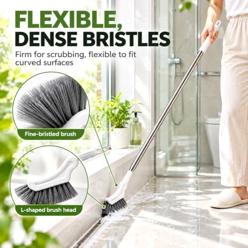 Multifunctional Extendable Long Handle Floor Scrub Brush, L-Shaped Heads
