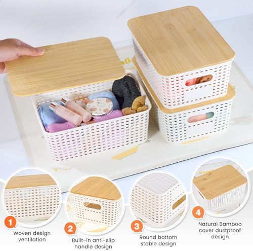 6 Pack Plastic Storage Baskets with Bamboo Lids for Organization