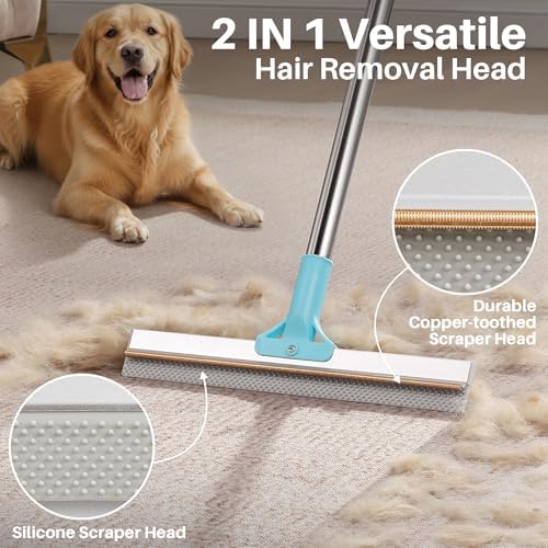 Carpet Rake for Pet Hair Removal, 63" Adjustable Long Handle Pet Hair Remover, Reusable Cat Dog Hair Carpet Rake with Metal and Silicone Scraper for Rug, Sofa, Cloth