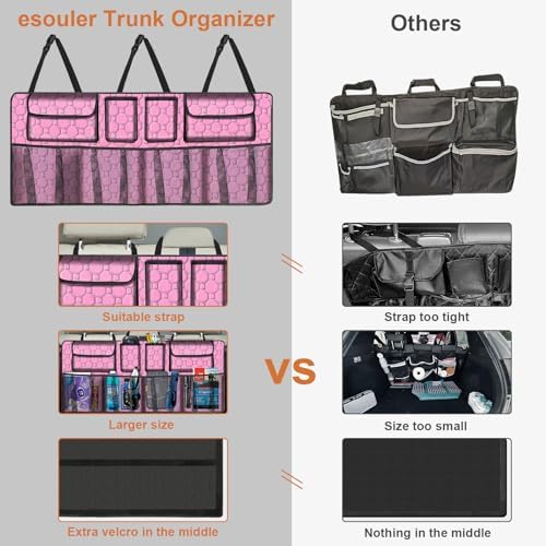 Car Trunk Organizer, Super Capacity Backseat Car Organizer for SUV/Truck/MPV(42"*18"), Hanging Car Storage Organizer with 8 Pocekts, Car Accessories for Women and Men- Pink
