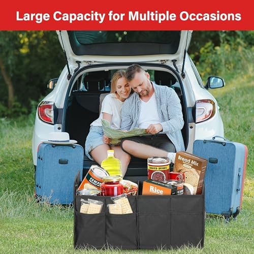 Car Trunk Organizer, 2 Compartments Collapsible Trunk Storage, Anti-slip Design, Made of Waterproof 600D Oxford Polyester, Suitable for SUV, Minivan, Truck, Standard Size, Black