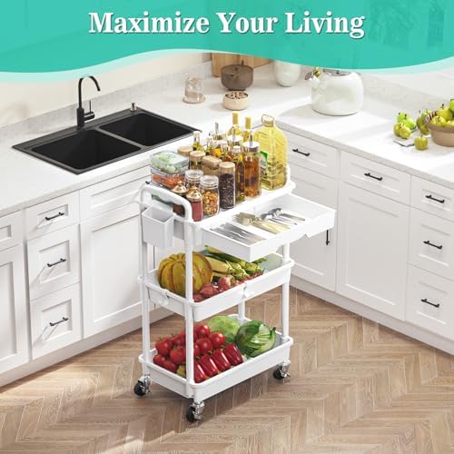 3 Tier Rolling Cart with Drawer, Craft Storage Cart Organizer,White