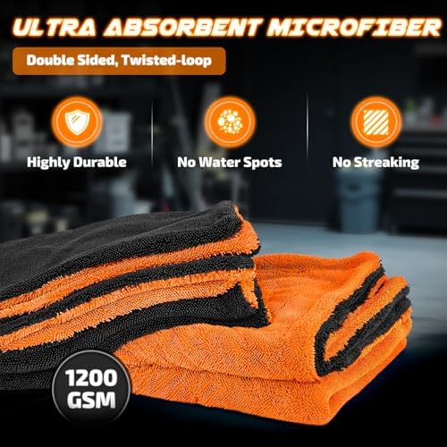 2-Pack 1200 GSM Car Drying Towels – Microfiber Towels for Cars (36" x 24"), Ultra-Absorbent, Streak-Free, Scratch-Free, No Water Spots, Double-Twist Pile & Edgeless Design(Orange)