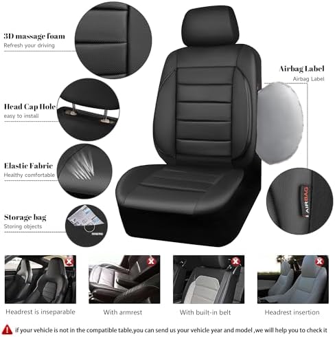 Leather Seat Covers Full Set Universal Water Resistant 3D Foam Back Support, Luxury Comfort Automotive 5 Seat Covers All Season Fit for SUV,Sedan,Van, Airbag Compatible Elegance(Pure Black)