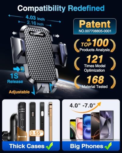 [True Military-Grade] Car Phone Holder [Upgraded Strongest Suction&Clip] Cell Phone Mount for Dashboard Windshield Vent Kit, Truck Cradle Stand for iPhone 18 Pro Max 17 16 15 Android,Ink Black