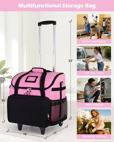 Large Rolling Cleaning Caddy Bag with Detachable Trolley, Pink