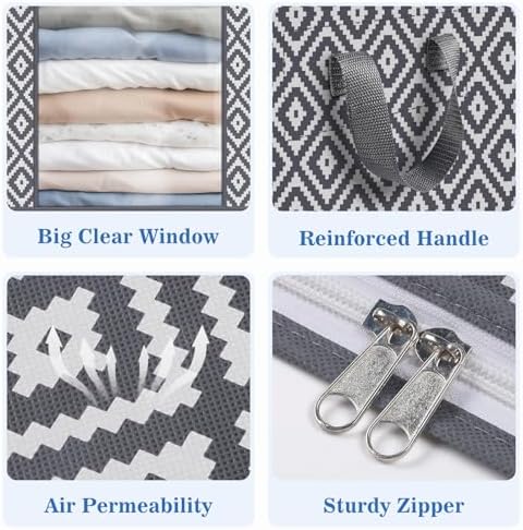 100L 3 Pack Storage Bags, Foldable Clothes Bins with Clear Window, Gray
