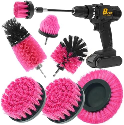 8 Pcs Drill Brush Attachment Set, Power Cleaning Scrub Brush Kit with Extend Long Attachment, All Purpose Drill Scrub Brushes for Car, Grout, Floor, Tub, Bathroom and Kitchen (Pink)