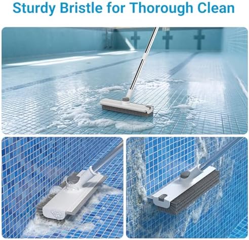 3 in 1 Floor Scrub Brush with 52" Long Handle, Heavy-Duty Stiff 90° Bristle Floor Scrubber, Shower Scrubber with Squeeze, Cleaning Brush for Bathroom Pool Garage Glass Tile Concrete White