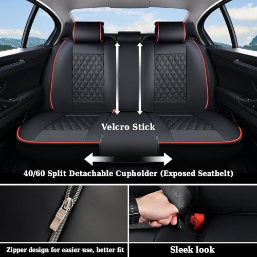 Full Set Car Seat Covers, Luxury Faux Leather Waterproof Seat Covers, 5-Seat Universal Fit, Front & Back Car Seat Protectors,Leather Seat Covers for Most Cars-Black & Red Line