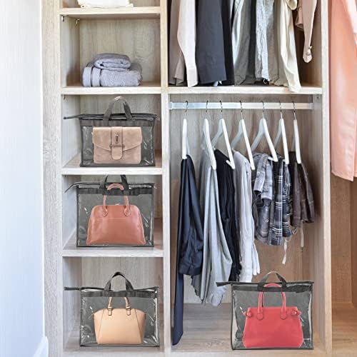 12 Pack Dust Bags for Handbags, Clear Handbag Storage Organizer for Closet, Purse Protector Storage Bag with Zipper and Handle, Hanging Dust Cover Bag for Handbag