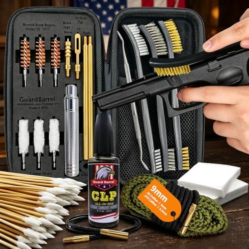 9mm Gun Cleaning Kit with 30ml Oil, Snake & Bronze Brush with Portable Case