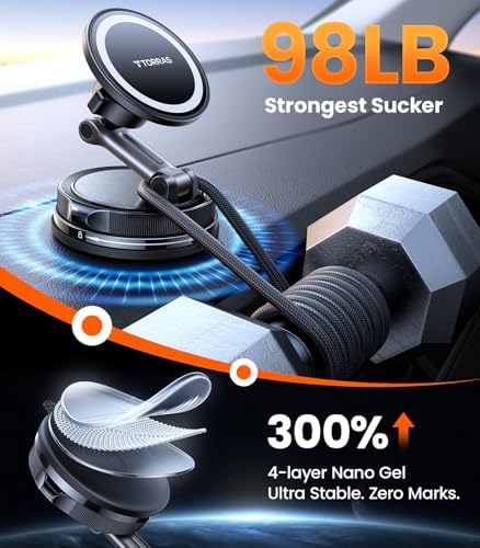 TORRAS 2026 Vacuum for Magsafe Car Mount【98+LBS Strongest Suction & Ultra Magnet】 Magnetic Phone Holders for Your Car, 360° Adjustable Car Phone Holder Mount for iPhone 18 Pro Max 17 16 15 14 13 12