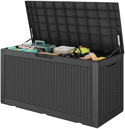 160 Gallon Deck Box,Lockable Outdoor Storage Box Gas Lift,Waterproof,Black