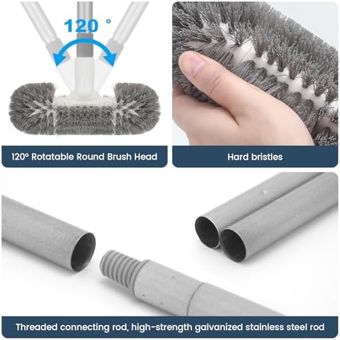 Deck Brush with 51" Long Handle 360° Cylindrical Scrub Cleaner Tool for Cleaning Boat Pool Bathroom Ground 120° Swivel Floor Scrubber for Tile Grout Patio Tub Spa Adjustable Pole
