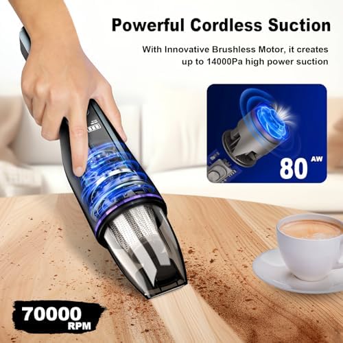 Handheld Vacuum Cordless, Car Vacuum with Brushless Motor & 14000Pa Powerful Suction,1.2Lbs Lightweight, LED Light, Slim Mini Vacuum Cleaner for Car Home Office Pet Hair