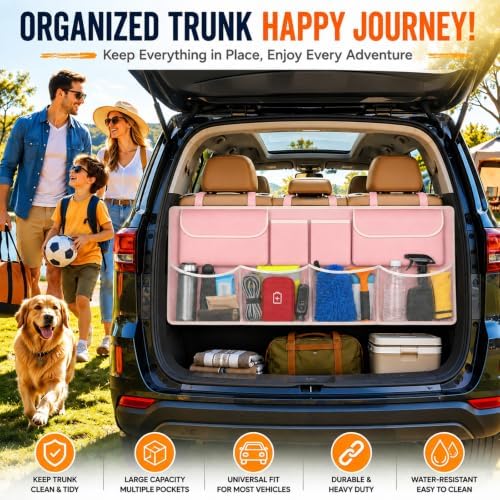 Car Trunk Organizer, Large Capacity Backseat Trunk Storage Organizer with 8 Pockets, Foldable SUV Cargo Organizer for SUV, Truck, Van & MPV, Black (Pink)