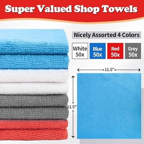 Shop Towels, Microfiber Cleaning Cloth Bulk, 200 Pack Microfiber Towels for Cars, All-Purpose Absorbent Cleaning Rags, Dust Cloth for Automotive, Mechanic, Garage, Bar, 11.5 x 11.5 inch